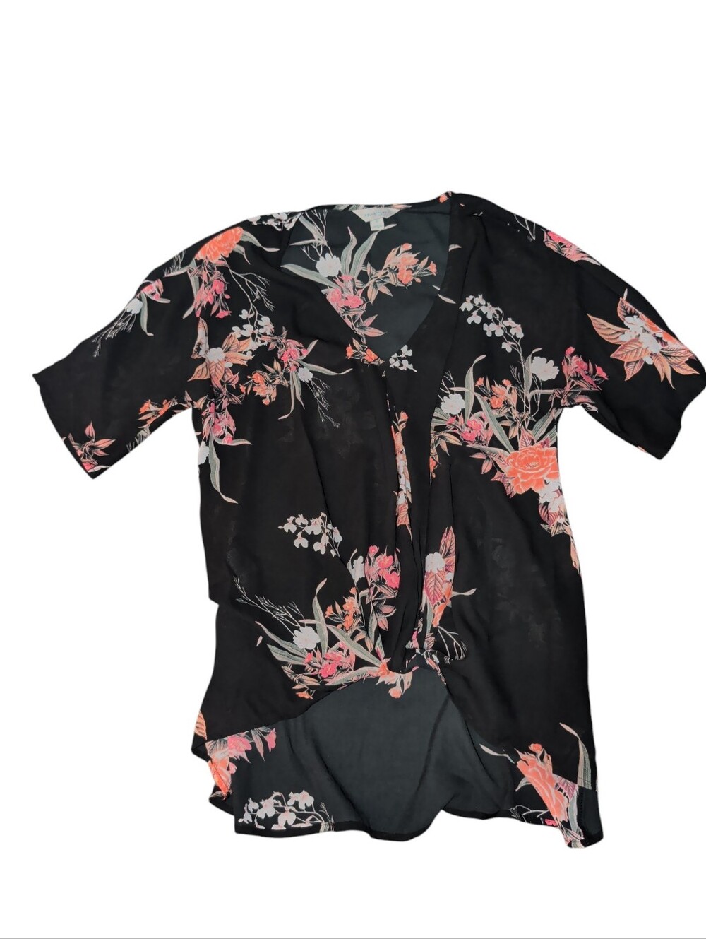 belle sky Black Floral Twist-Front V-Neck Top with Coral and Sage Print